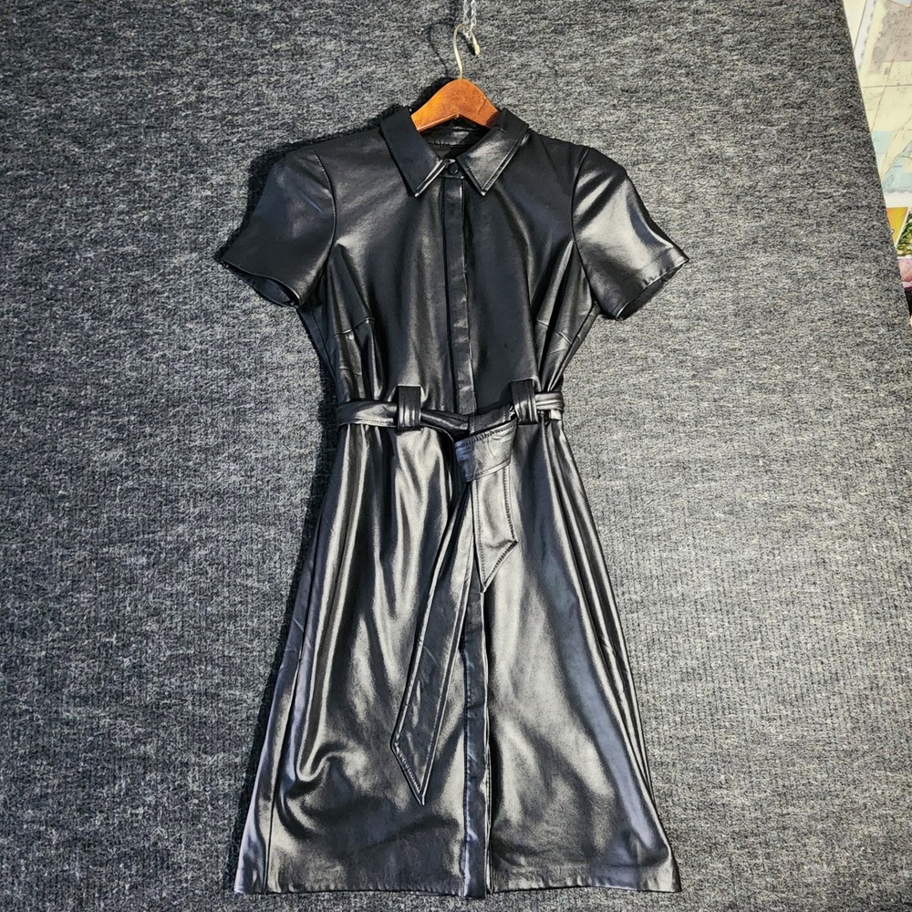 Calvin Klein Womens Black Faux Leather Short Sleeve Belted Dress Size2 (E3)